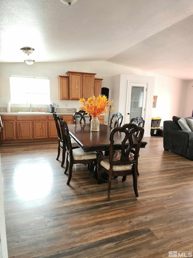 dining room with dark hardwood / wood-style flooring, sink, lofted ceiling, and a textured ceiling