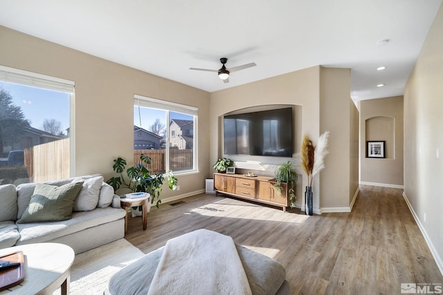 living room with light hardwood / wood-style floors and ceiling fan