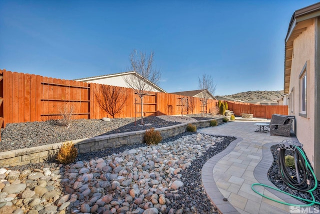 view of yard featuring a mountain view and a patio