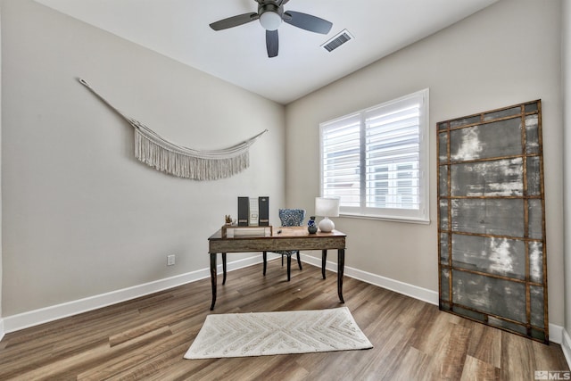 office area featuring hardwood / wood-style flooring and ceiling fan