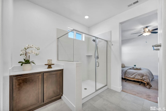 bathroom featuring ensuite bath, visible vents, baseboards, and a shower stall