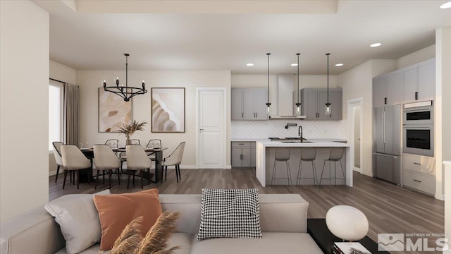 interior space featuring dark hardwood / wood-style floors and a chandelier