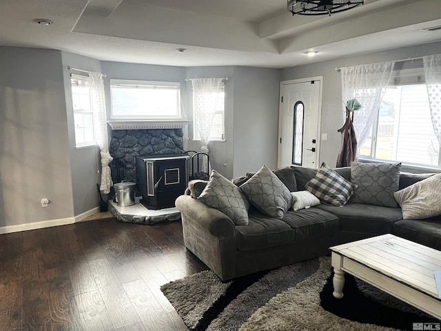 living room with a tray ceiling and dark wood-type flooring