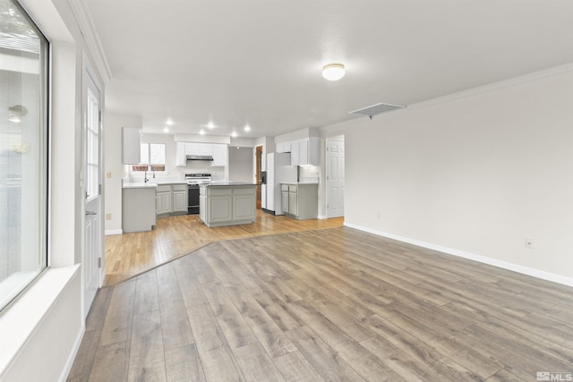 unfurnished living room featuring crown molding and light hardwood / wood-style flooring