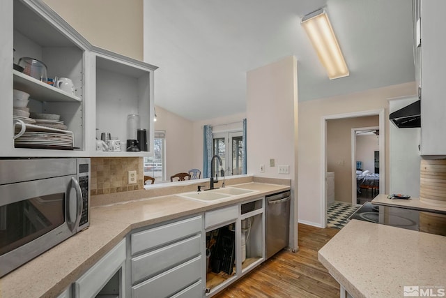 kitchen featuring sink, light hardwood / wood-style flooring, appliances with stainless steel finishes, tasteful backsplash, and ventilation hood