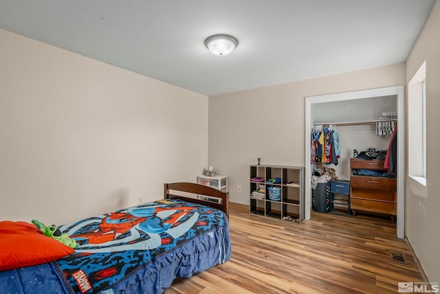 bedroom featuring wood-type flooring and a closet