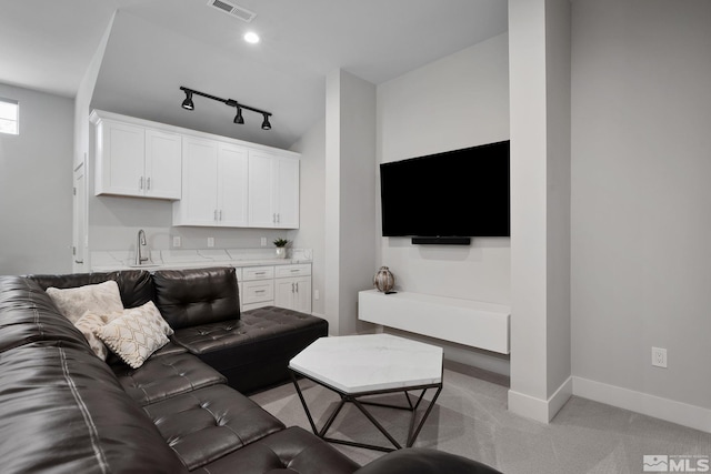 carpeted living room with rail lighting and sink