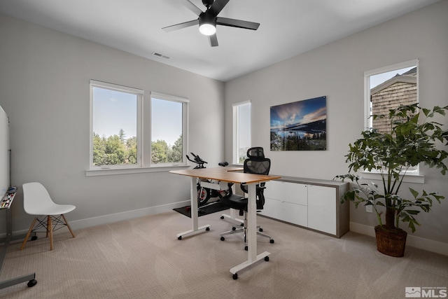 carpeted office space featuring ceiling fan