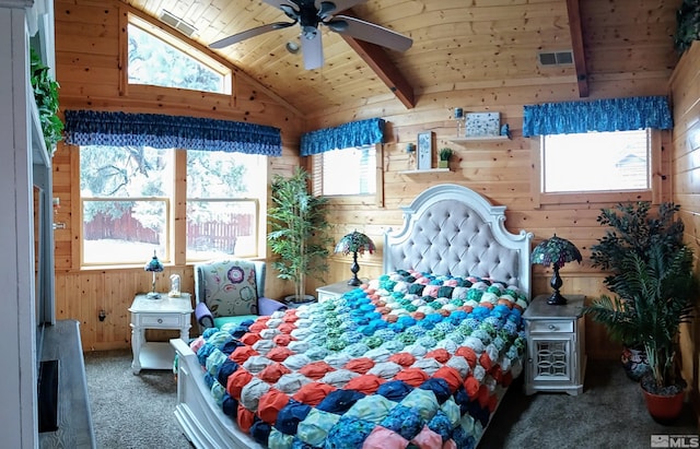 bedroom featuring dark carpet, vaulted ceiling with beams, wood ceiling, and wooden walls