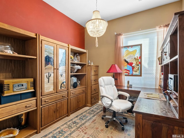 home office with a chandelier