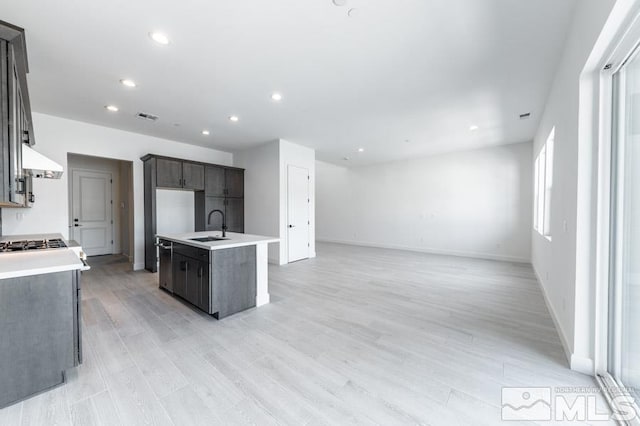 kitchen featuring sink, a kitchen island with sink, dark brown cabinets, stainless steel dishwasher, and light wood-type flooring