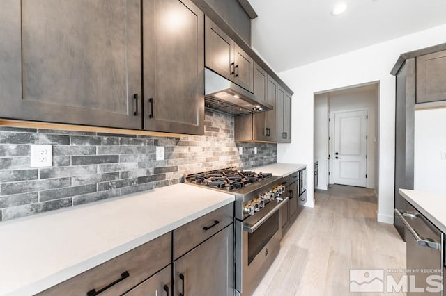 kitchen with stainless steel appliances, dark brown cabinets, light hardwood / wood-style flooring, and decorative backsplash