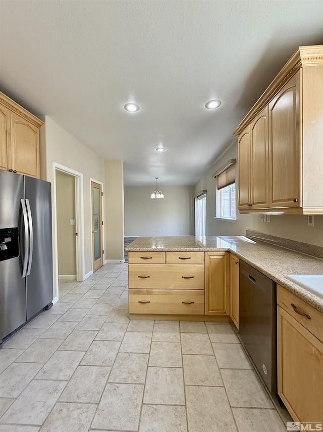 kitchen featuring light brown cabinetry, stainless steel fridge with ice dispenser, dishwasher, kitchen peninsula, and pendant lighting