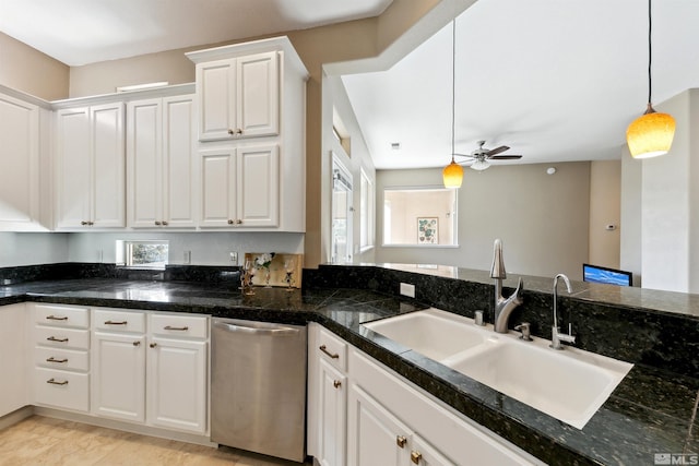 kitchen with white cabinetry, decorative light fixtures, dishwasher, and sink