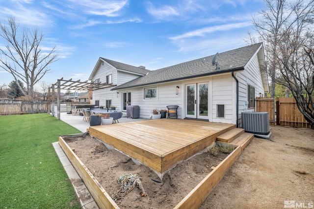 back of property with central AC, a patio area, a yard, a pergola, and a deck