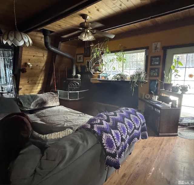 interior space with hardwood / wood-style floors, wood walls, a wood stove, wood ceiling, and beam ceiling