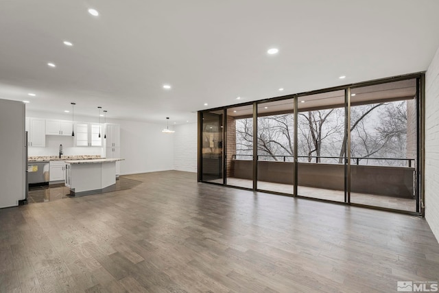 unfurnished living room featuring wood-type flooring, sink, and a wall of windows