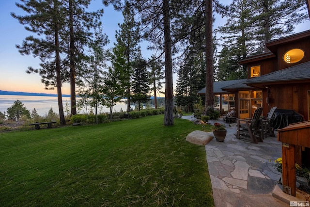 yard at dusk with a patio area