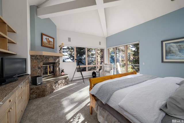 carpeted bedroom with beamed ceiling, a fireplace, high vaulted ceiling, and multiple windows