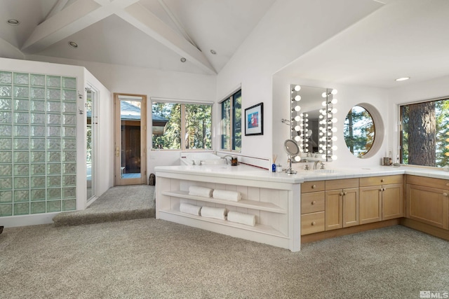 bathroom featuring lofted ceiling and vanity