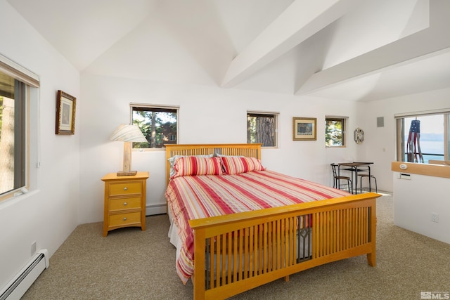 carpeted bedroom featuring vaulted ceiling and baseboard heating