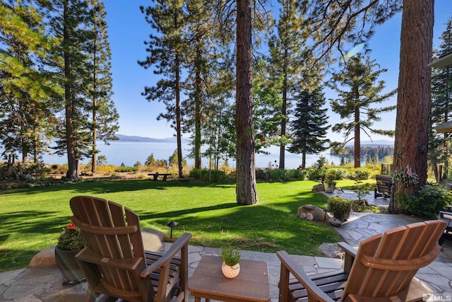 view of patio featuring a water view