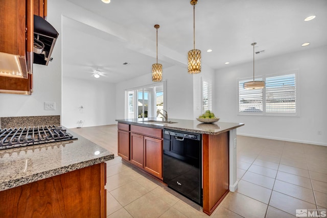 kitchen with sink, dishwasher, light stone counters, an island with sink, and stainless steel gas cooktop