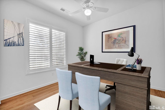 office featuring wood-type flooring and ceiling fan