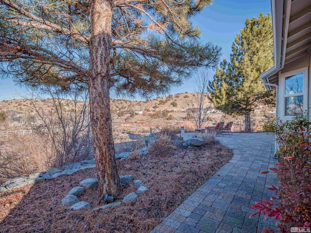 view of yard featuring a mountain view and a patio area