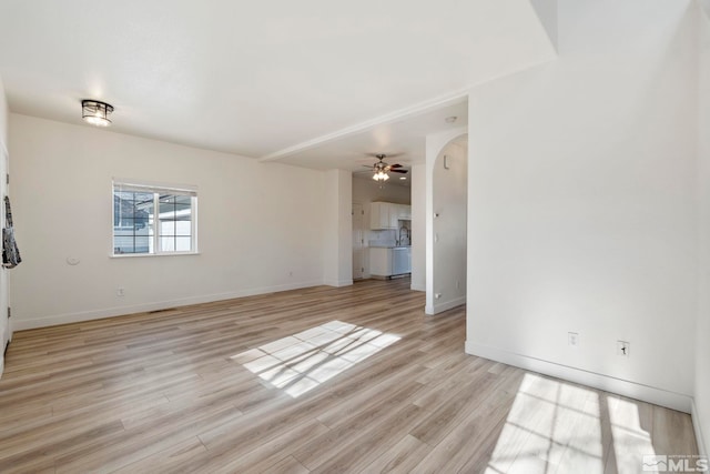 unfurnished living room with ceiling fan and light hardwood / wood-style floors