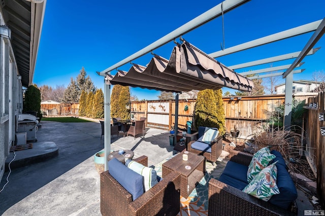 view of patio / terrace with an outdoor living space and a pergola