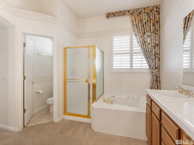 full bathroom featuring independent shower and bath, a wealth of natural light, and toilet