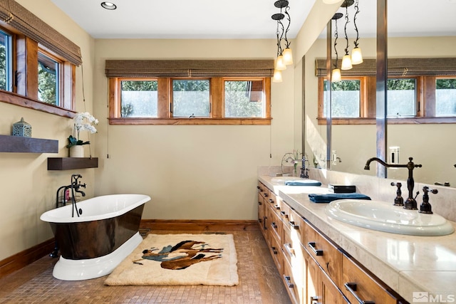 bathroom featuring vanity, a bathtub, and a healthy amount of sunlight