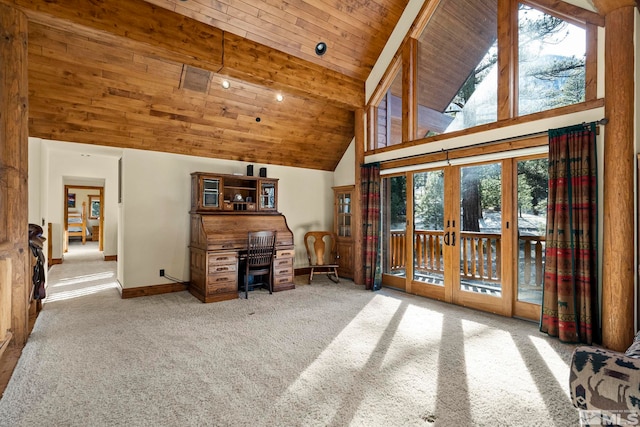 interior space featuring high vaulted ceiling, beamed ceiling, carpet floors, wooden ceiling, and french doors