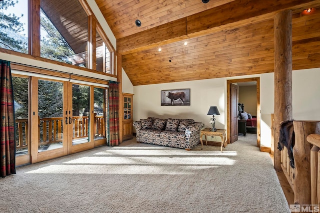 living room with beam ceiling, high vaulted ceiling, wooden ceiling, light colored carpet, and french doors