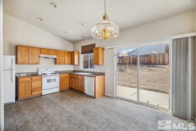 kitchen featuring pendant lighting, sink, white appliances, lofted ceiling, and an inviting chandelier