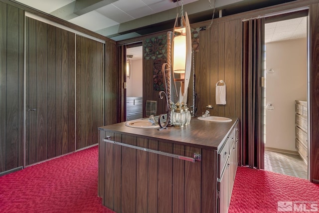 bathroom with vanity and wooden walls
