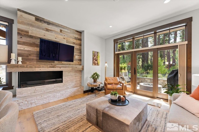 living room featuring a stone fireplace and light hardwood / wood-style flooring