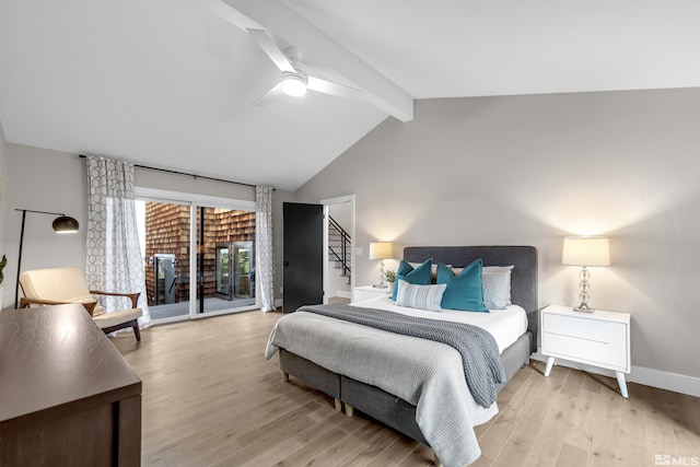 bedroom with ceiling fan, lofted ceiling with beams, light hardwood / wood-style flooring, and access to outside