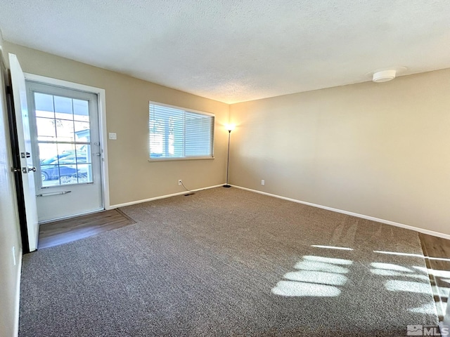 empty room featuring a textured ceiling and carpet flooring