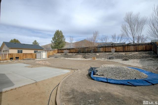 view of yard featuring a shed and a patio