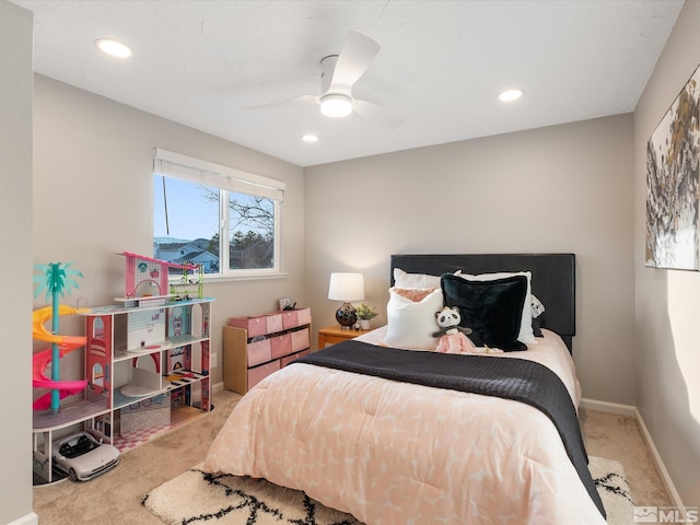 bedroom featuring ceiling fan and carpet flooring