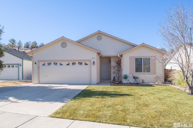 single story home with a garage and a front yard