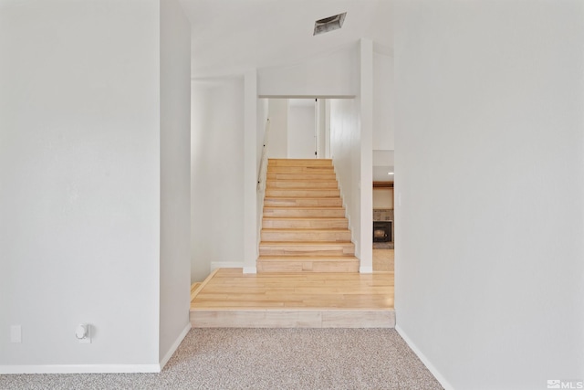 staircase featuring carpet flooring