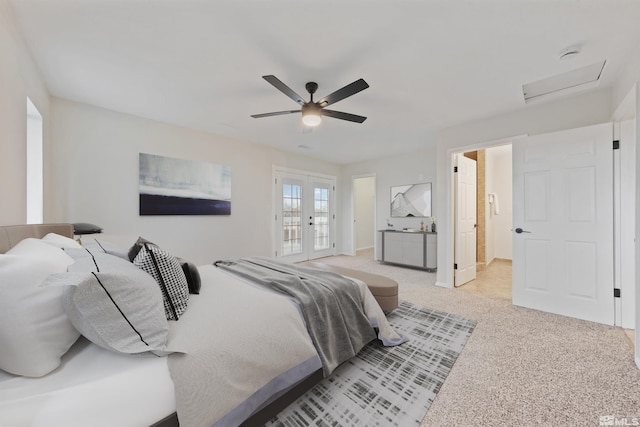 carpeted bedroom with french doors, ceiling fan, and access to exterior