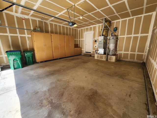 garage featuring a garage door opener, heating unit, and gas water heater