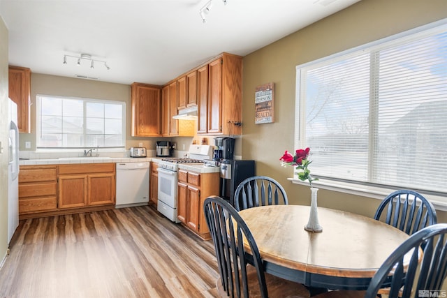 kitchen featuring sink, tile countertops, track lighting, white appliances, and light hardwood / wood-style floors