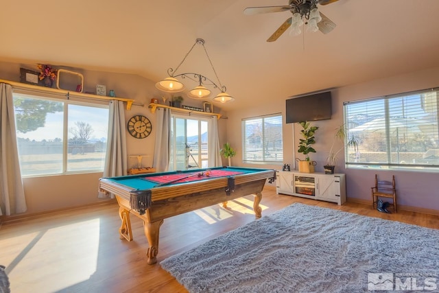 recreation room featuring hardwood / wood-style flooring, ceiling fan, billiards, and vaulted ceiling