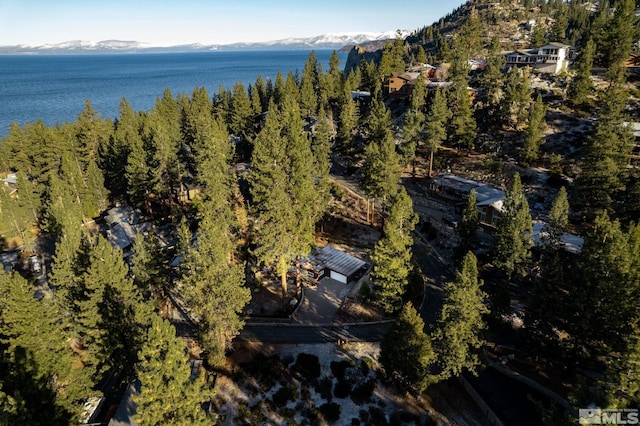 bird's eye view with a water and mountain view