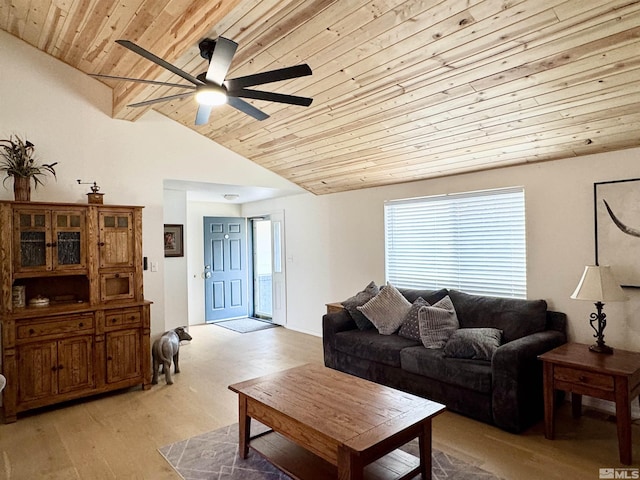 living room featuring ceiling fan, light wood-type flooring, vaulted ceiling with beams, and wooden ceiling